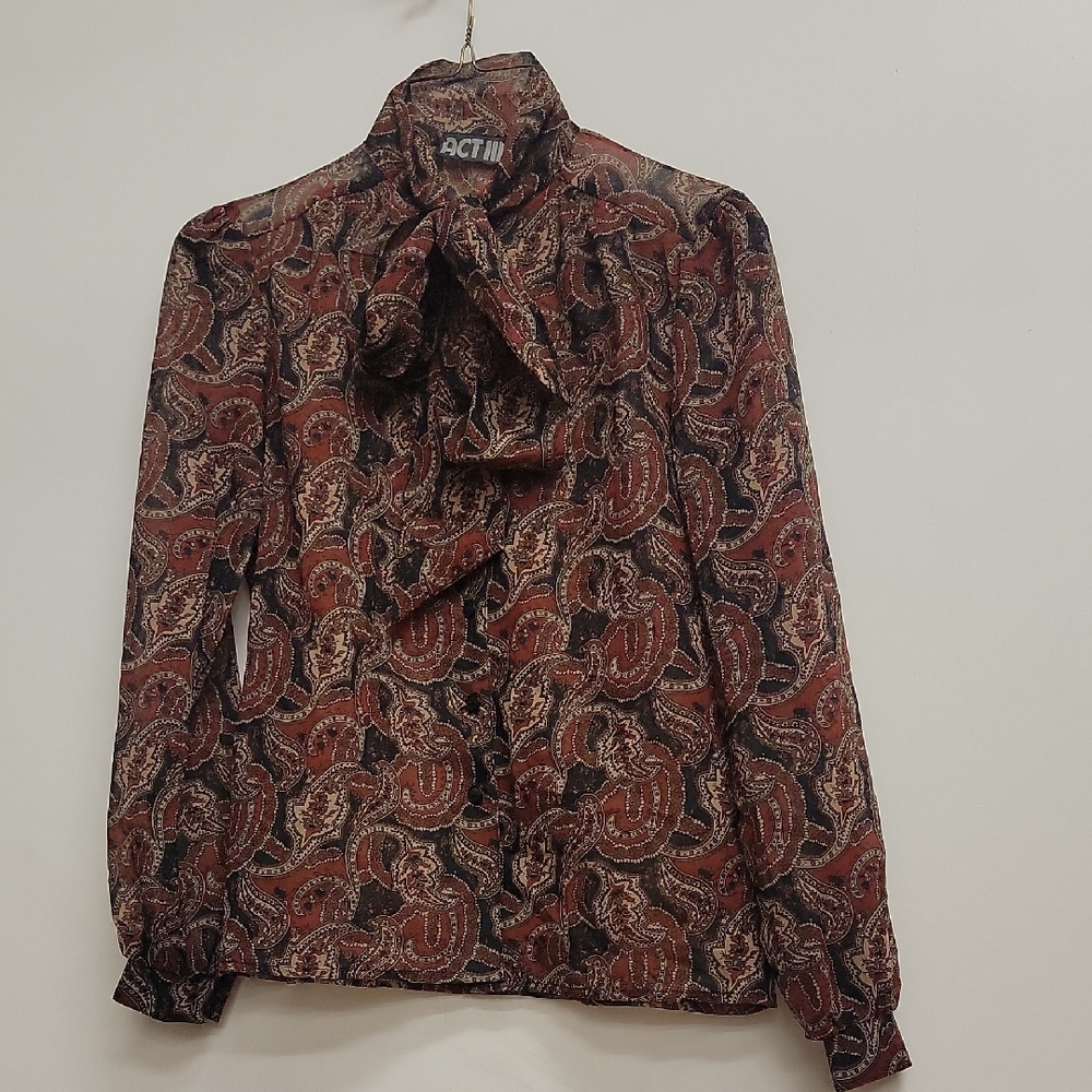 Vintage 80s Paisley Pussybow Blouse Semi Sheer Sz 12